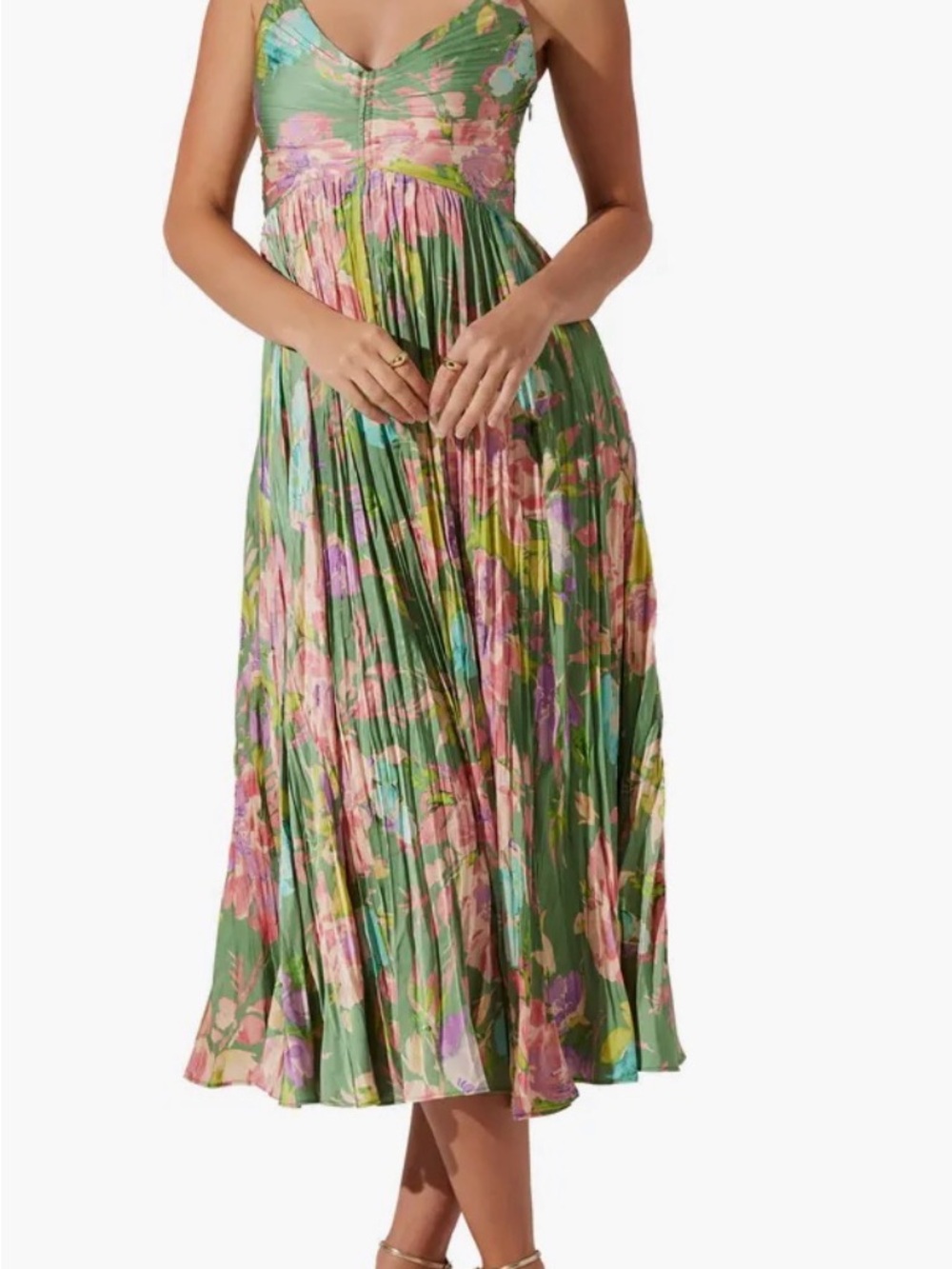ASTR The Label “Mauve” Pleated Satin Midi Dress| Size M| Green Pink Floral